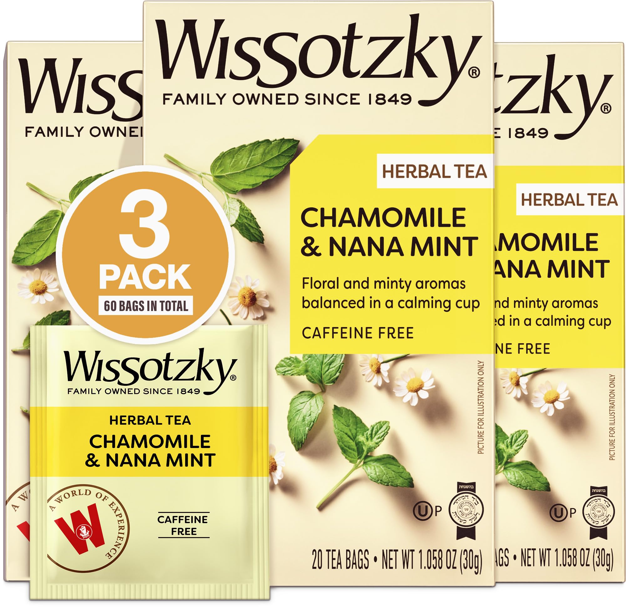 Wissotzky Chamomile Tea with Nana Mint, Herbal Tea (3 Pack - 60 Tea Bags) | Caffeine Free | Soothing Blend | Sleep Support
