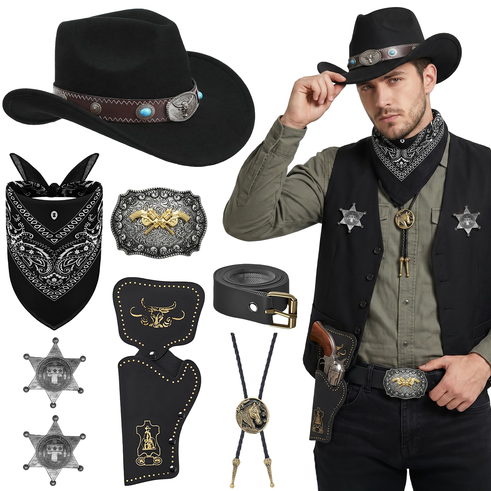 Wynlora 8Pcs Western Cowboy Costume Accessories Set, Wild West Cowboy Hat with Paisley Bandana Holster Belt Bolo Tie Necklace & Sheriff Badge for Men Theme Party Halloween Party (Black-02) — image 1