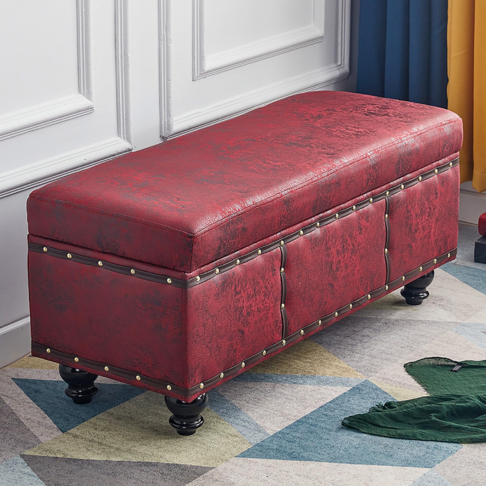 Banc de rangement en cuir PU rouge avec pieds en bois massif pour bout de lit