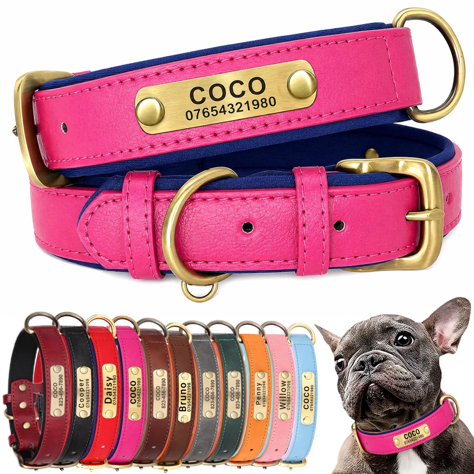 SEOUGEE Genuine Leather Dog Collar Personalised, Soft Padded Leather Dog Collars Heavy Duty with Custom Engraved Name Plate Adjustable for Small Medium Large Dogs (S, Hot Pink 23-32cm) — image 1