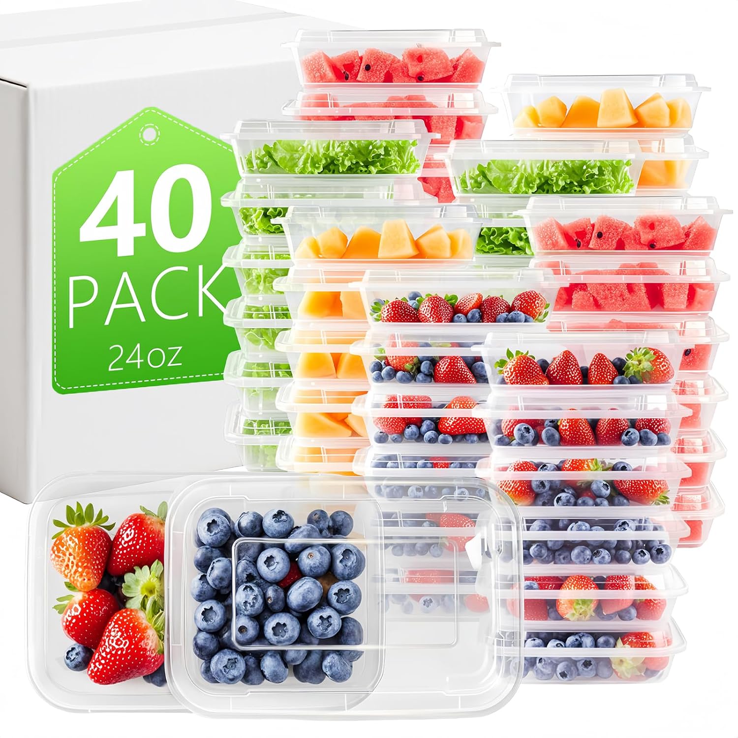 [40 Value Pack single one compartment 24 OZ Meal Prep Plastic Food Storage Containers - BPA Free Reusable Lunch Bento Box with Lids - Spill proof,Microwave, Dishwasher and Freezer Safe