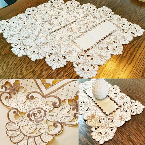 LeLehome - Mantel de encaje bordado con flores cafés, color crema y beige, diseño clásico y tela que no se arruga para mesa de comedor