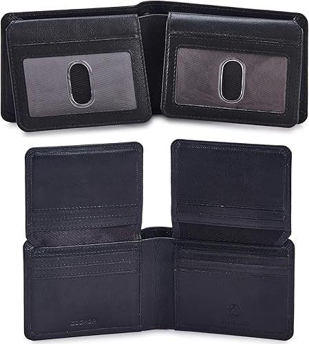 Cartera de piel auténtica para hombre, con bloqueo RFID, funda para tarjetas de alta capacidad con 2 ventanas de identificación en caja de regalo,