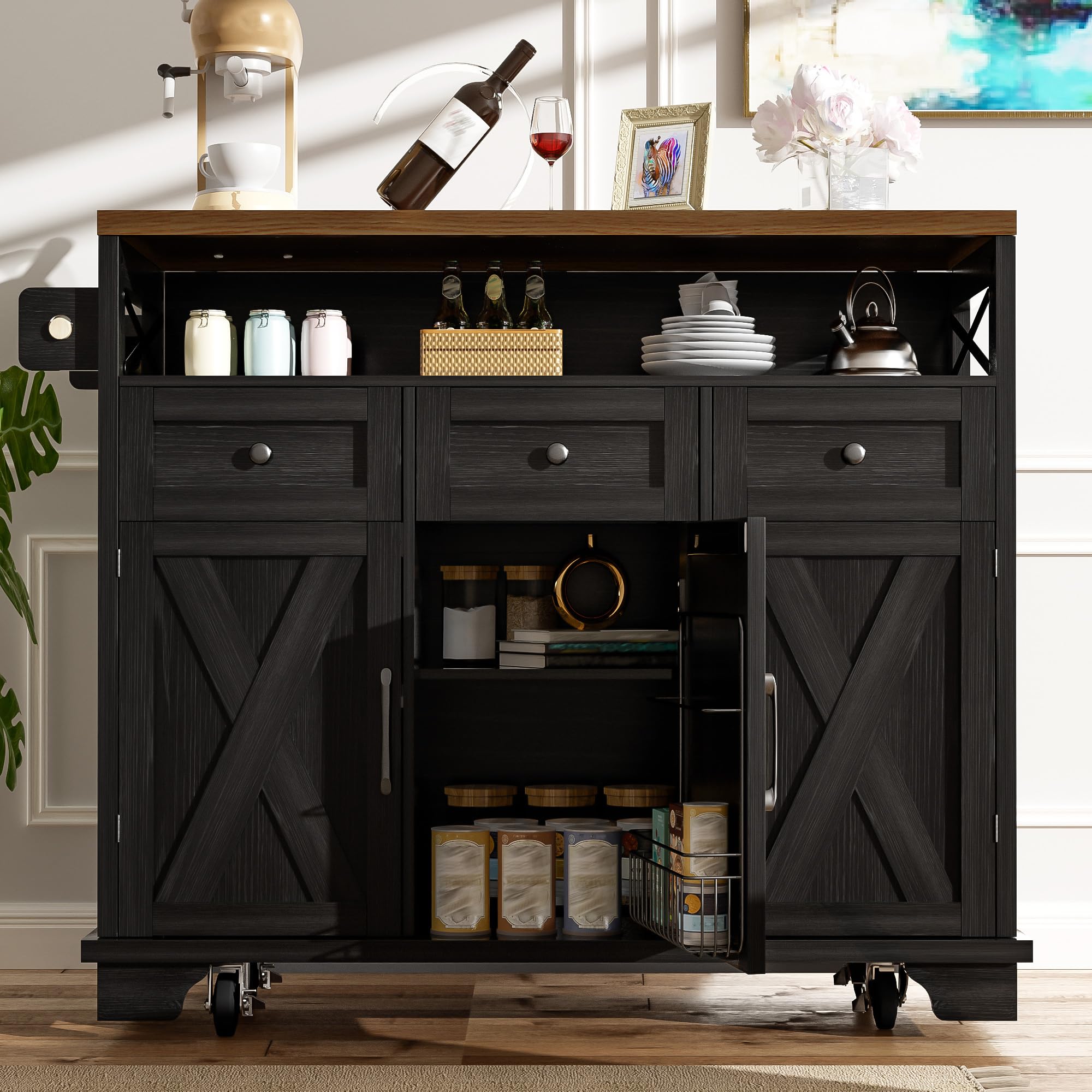 Isola da cucina moderna (118 × 43-70 × 98 cm), mobile da cucina con venature del legno, carrello da pranzo con ruote, con vano portaoggetti multifunzionale, divisori rimovibili, con portasciugamani