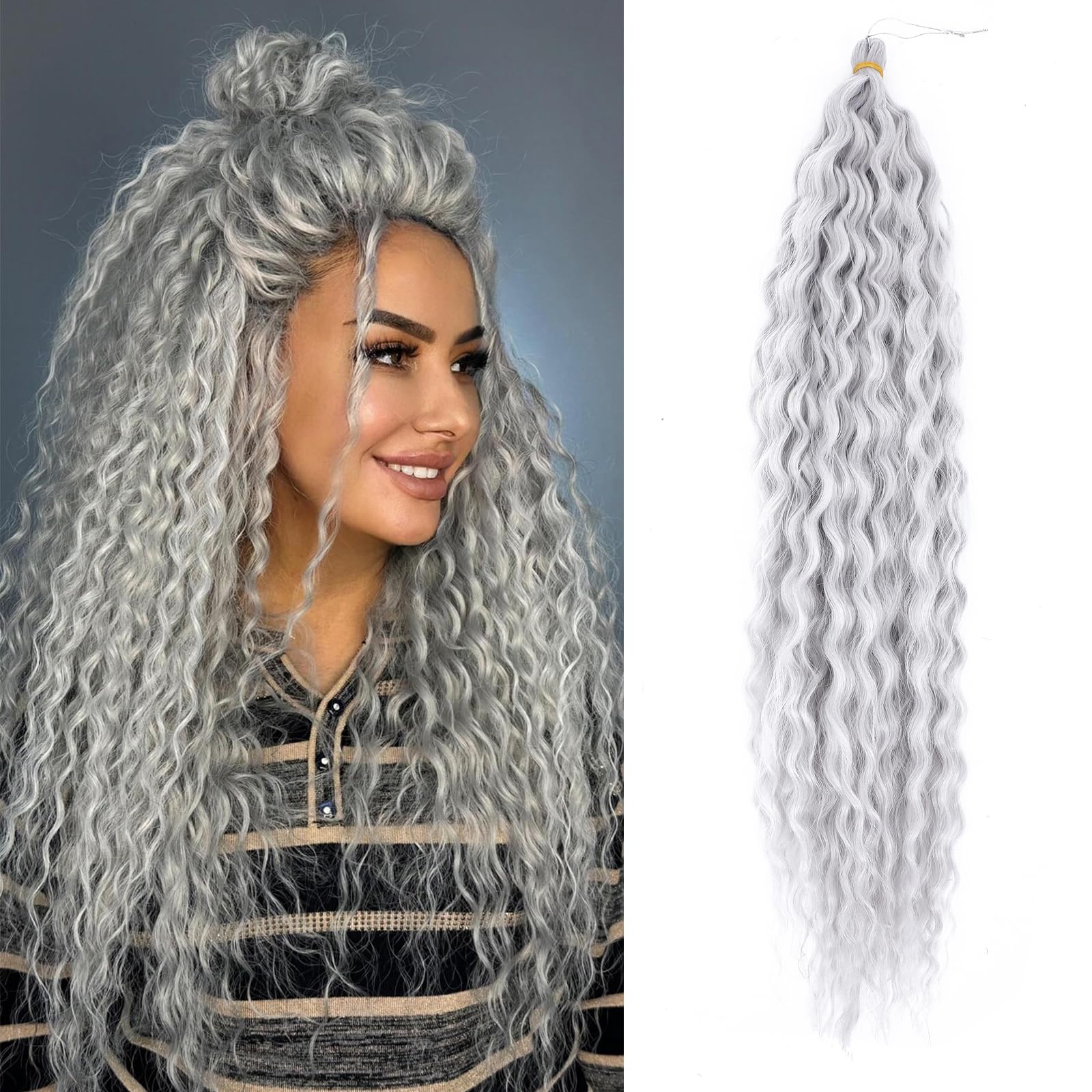TAOYEMY Deep Wave Crochet Curly Braiding Hair 16 Inch 6 Packs Ocean Wave Crochet Hair Extensions Synthetic Curly Crochet Hair For Women (Grey