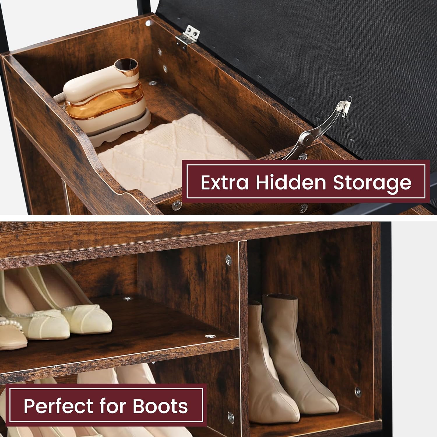 35" Wood Shoe Rack for Entryway, Shoe Bench with Storage and Padded Cushion Seat, Bench Organizer, Ideal for Foyer, Mudroom, Hallway, or Bedroom, Rustic Brown and Black