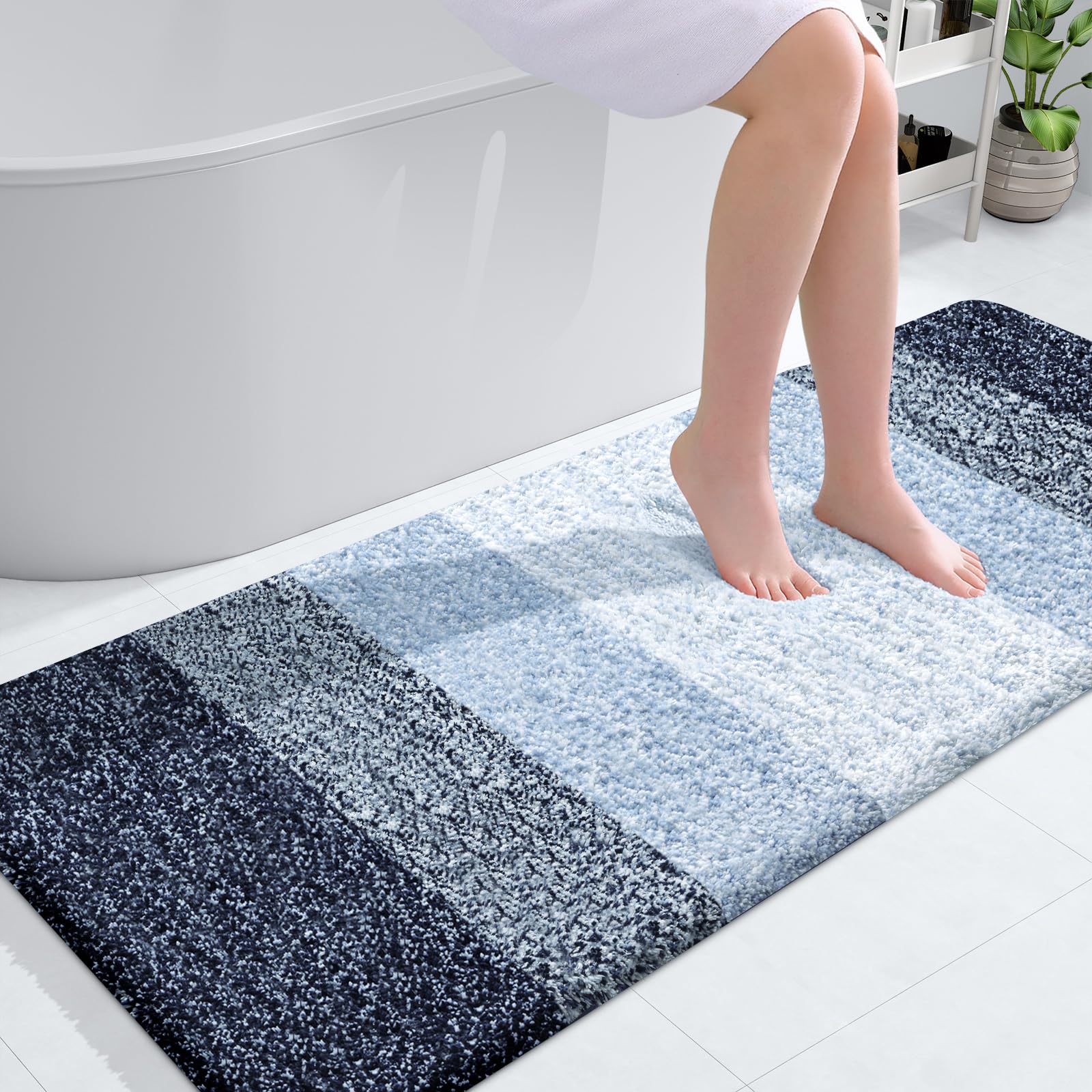 OLANLY Bathroom Runner Rug 54x24, Extra Soft Absorbent Microfiber Bath Rugs | Navy Blue, Non-Slip Quick-Drying Rubber Backing, Washable Long Bath Mat for Floor, Tub and Shower, Home Decor