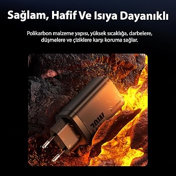 Rocoren 70W GaN Şarj Cihazı Type-C ve USB-A 3 Portlu Hızlı Şarj Aleti, PD QC3.0 PPS Destekli, Laptop Tablet Telefon Uyumlu