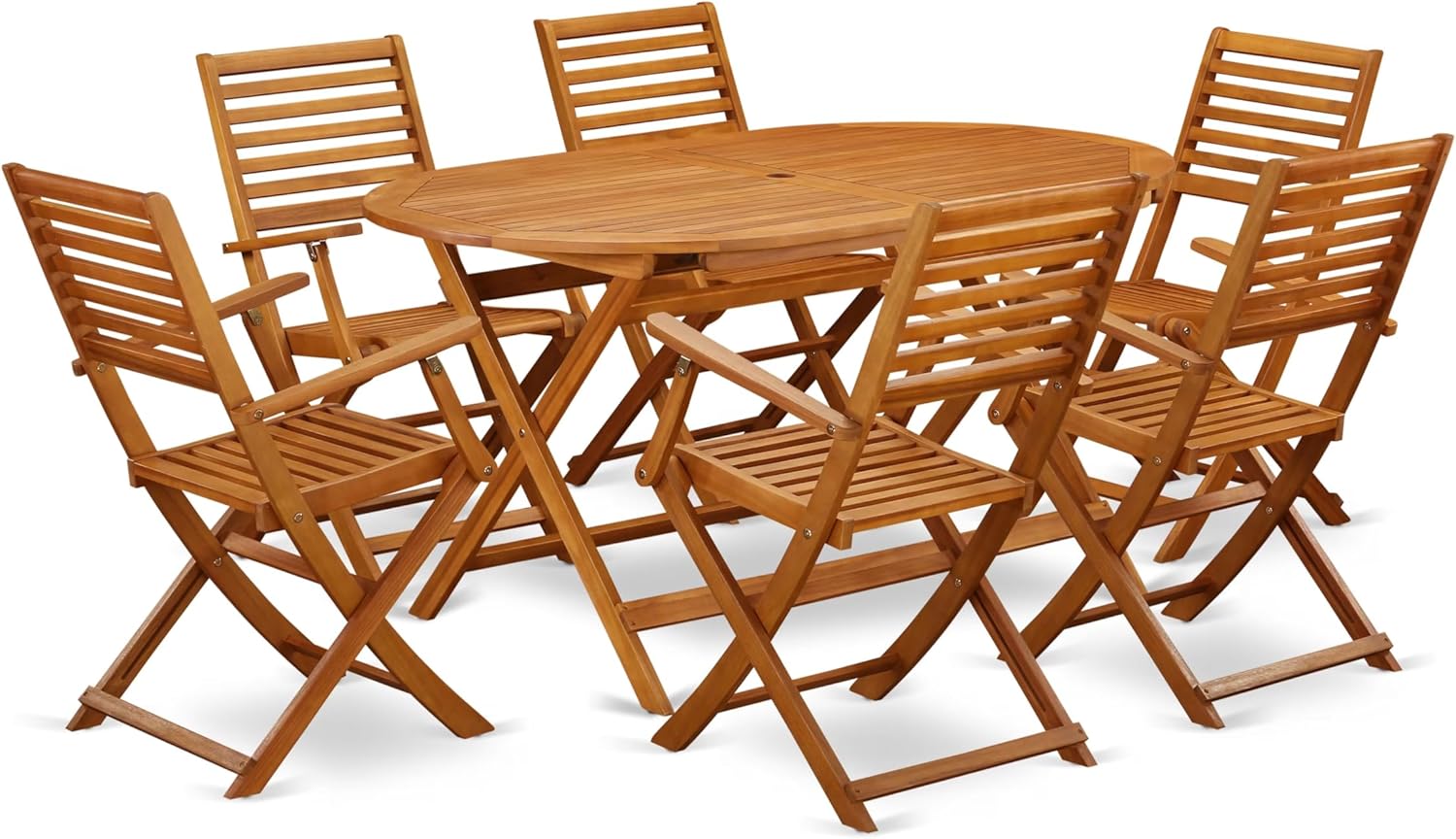 East West Furniture DIBS7CANA 7 Piece Outdoor Patio Dining Sets Consist of an Oval Acacia Wood Table and 6 Folding Arm Chairs, 36x60 Inch, Natural Oil