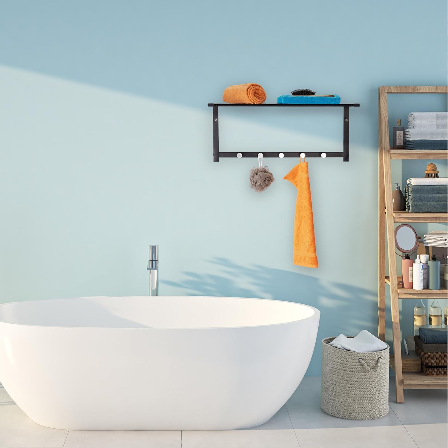 Relaxdays Wall Coat Rack with Shelf, Wardrobe Rail 5 Hooks, Hallway & Bathroom, Modern, Metal, 28 x 65 x 25 cm, Black