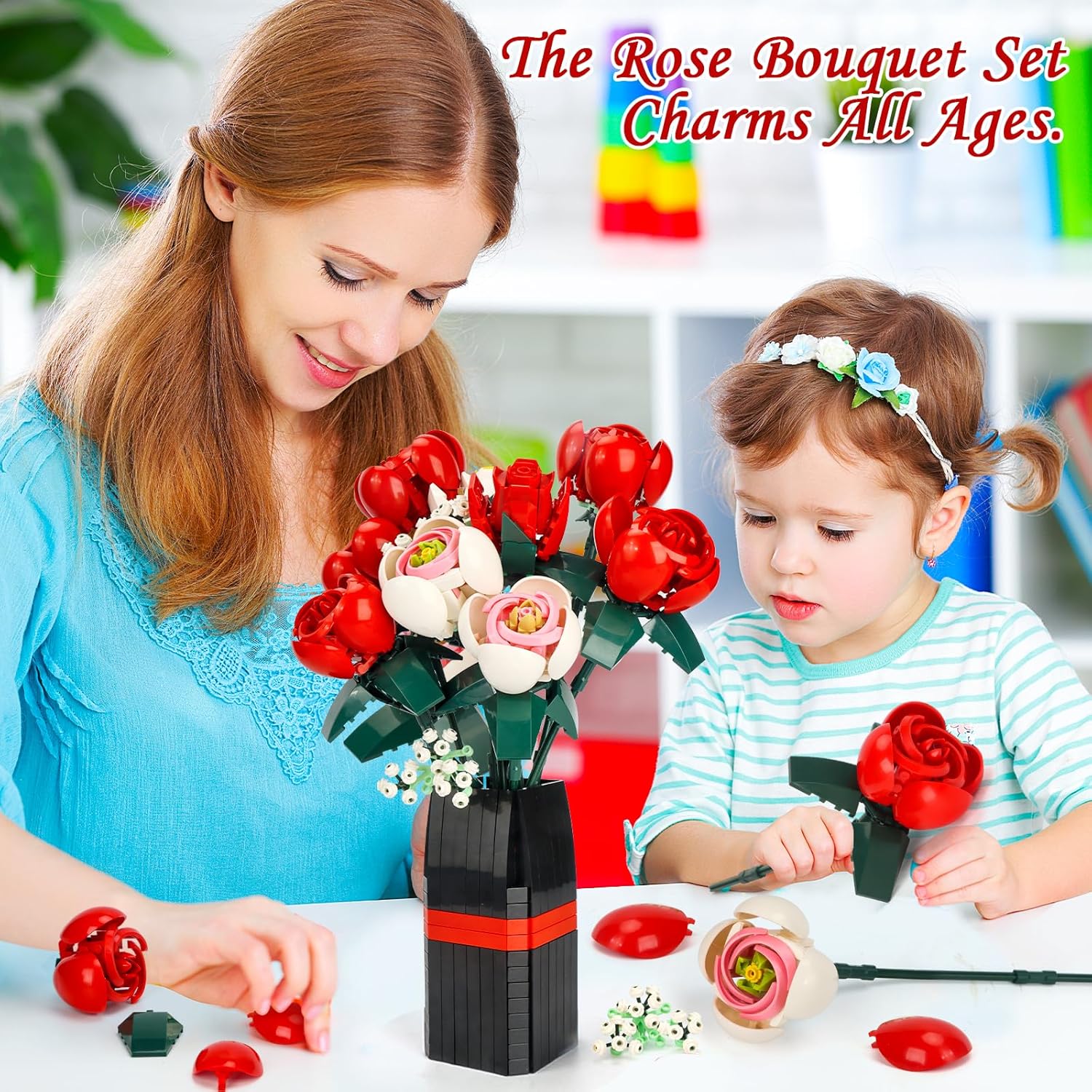 Flower Bouquet Building Set, Mother's Day Artificial Roses Toy Building Set with Vase, Building Blocks Flower Brick Toys for Home Office Decoration, Christmas, or Valentine's Gifts, 841 PCS