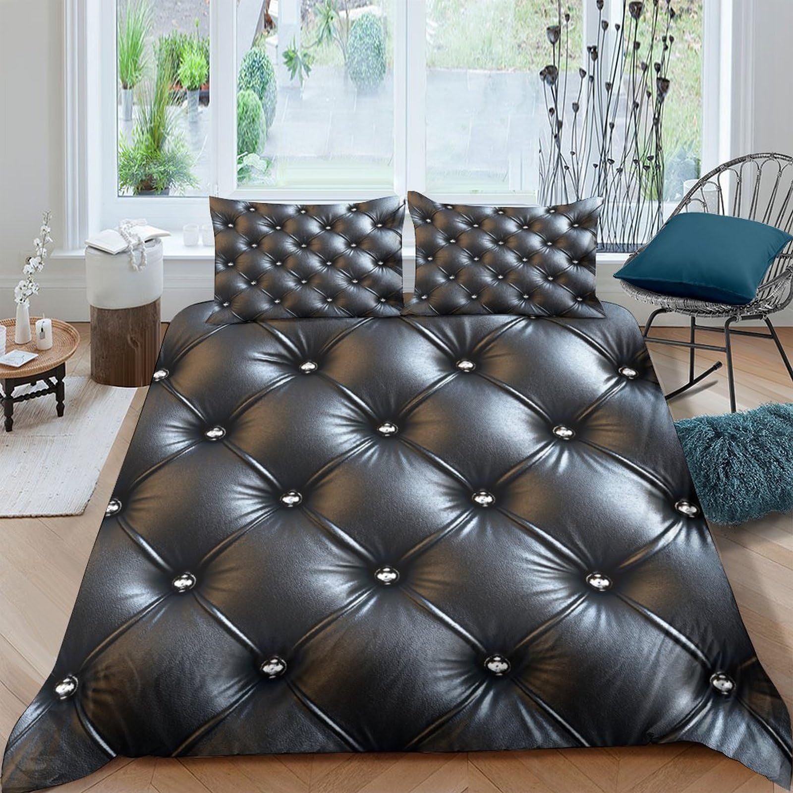 Ctjqhvkz Style-1 3D Printed Black Leather Button Fitted Sheet Microfiber Soft Anti-Slip Modern Tufted Mattress Cover For Bedroom Décor Single（135X200cm）