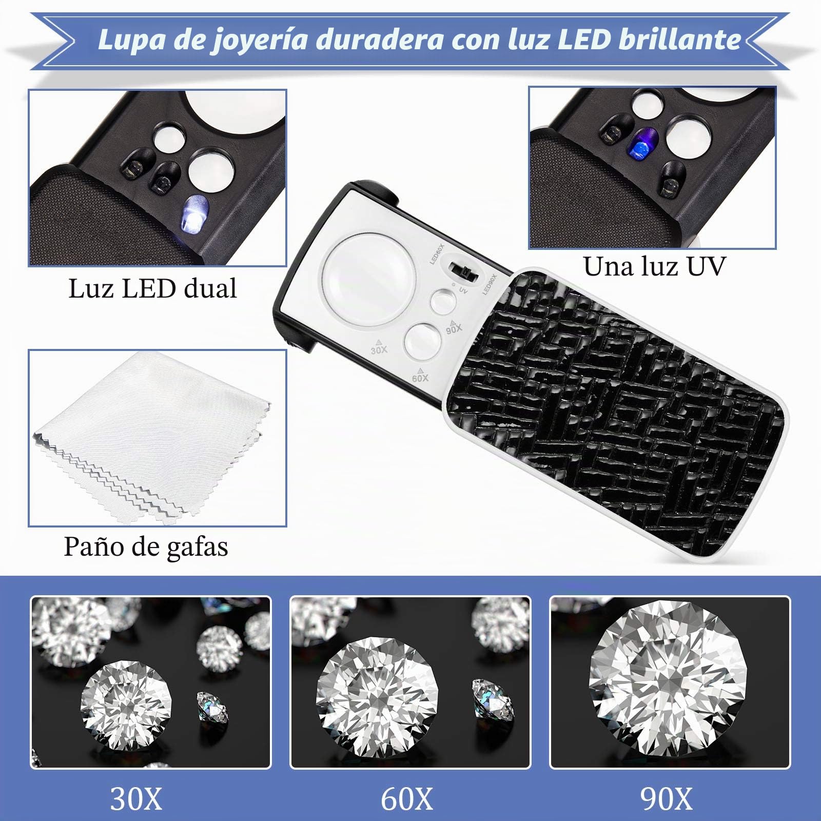 2 Piezas Lupas de Joyeros de 30X 60X 90X Lupa de Ojo de Joyeros Iluminada Lupa de Joyería de Círculo con Luz UV Negro y Luz LED Brillante para Gema Diamante Moneda Sello (Negro)