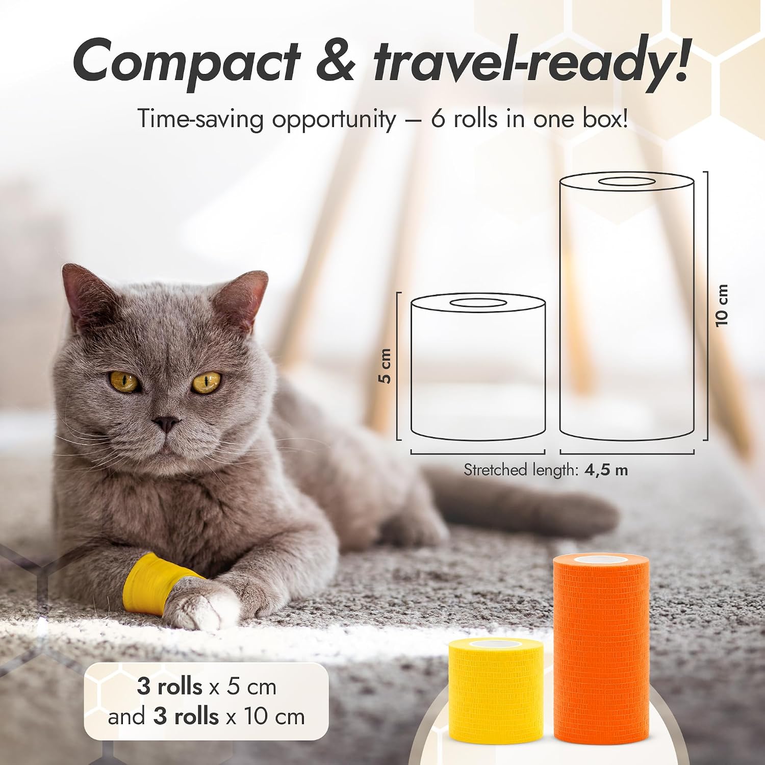 Dog Wound Care Wraps Stick to Itself, Protect from Licking and Dirt – Self-Adhering Elastic Cat & Dog Bandages for Wounds in a Set of 3 x 5 cm & 3 x 10 cm Rolls – Made from Natural Rubber Latex