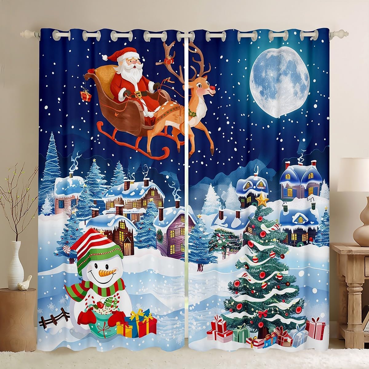 Christmas Tree Blackout Curtains Cute Santa Claus Curtains for Living Room 2 Panels 42" Wx84 L,Cartoon Snowman Curtains & Drapes Kawaii Reindeer Elk Deer Window Curtains,Blue Christmas Decorations