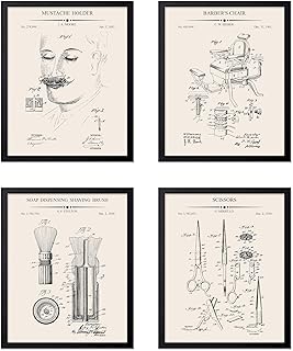 Poster Master 4-Piece Barber's Chair Blueprint Poster - Shaving Brush Patent Print - Barber Art - Scissors Illustration - Mustache Design - Technical Drawing - Barber Shop Decor - 8x10 Black Framed