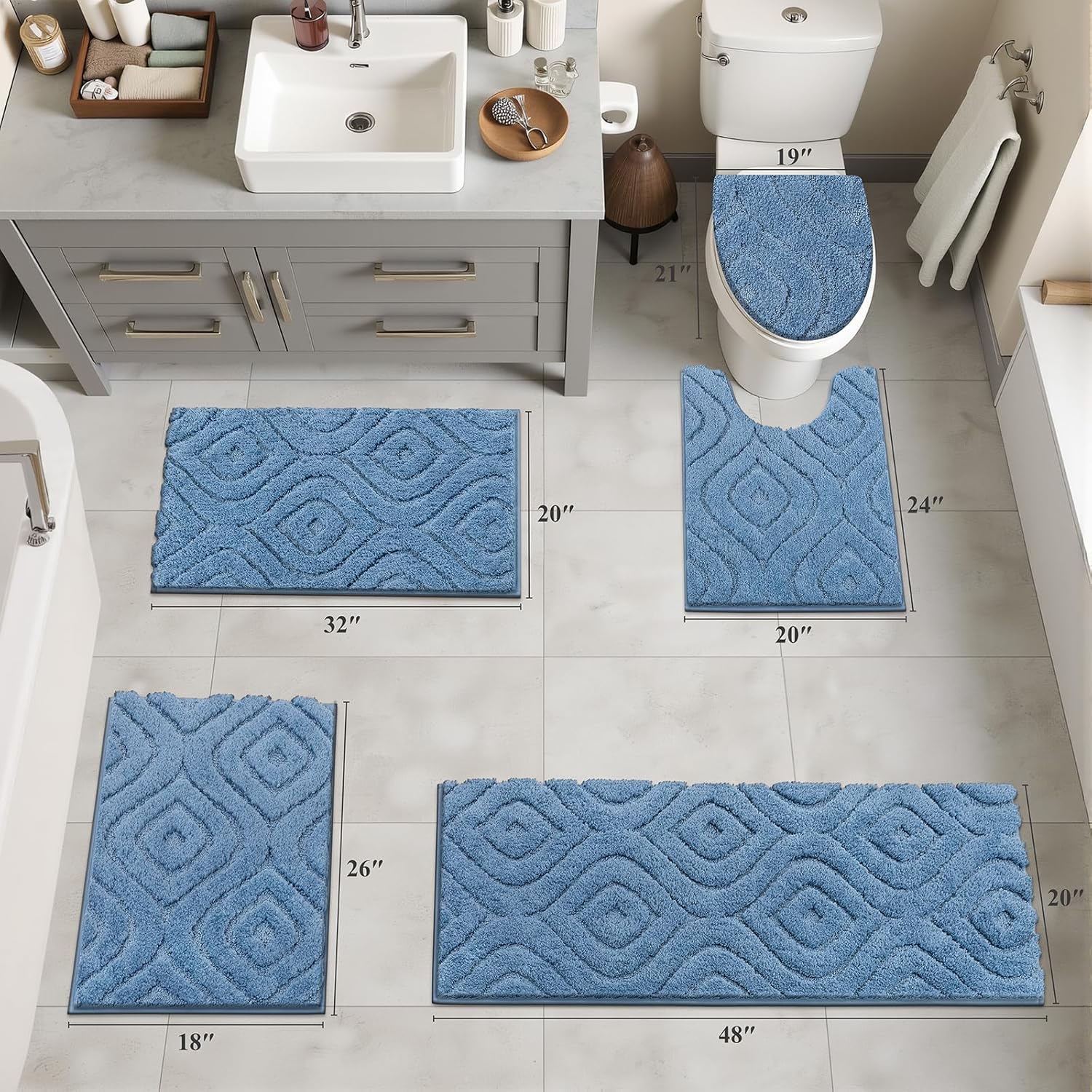 ileading bathroom rugs sets 5 piece, ultra soft absorbent bath mat for bathroom, non slip washable bath rug set with toilet cover, plush bath runner and u-shaped contour toilet rug blue 18"x26"+20"x32"+20"x48"+u20"x24"+cover19"x21"