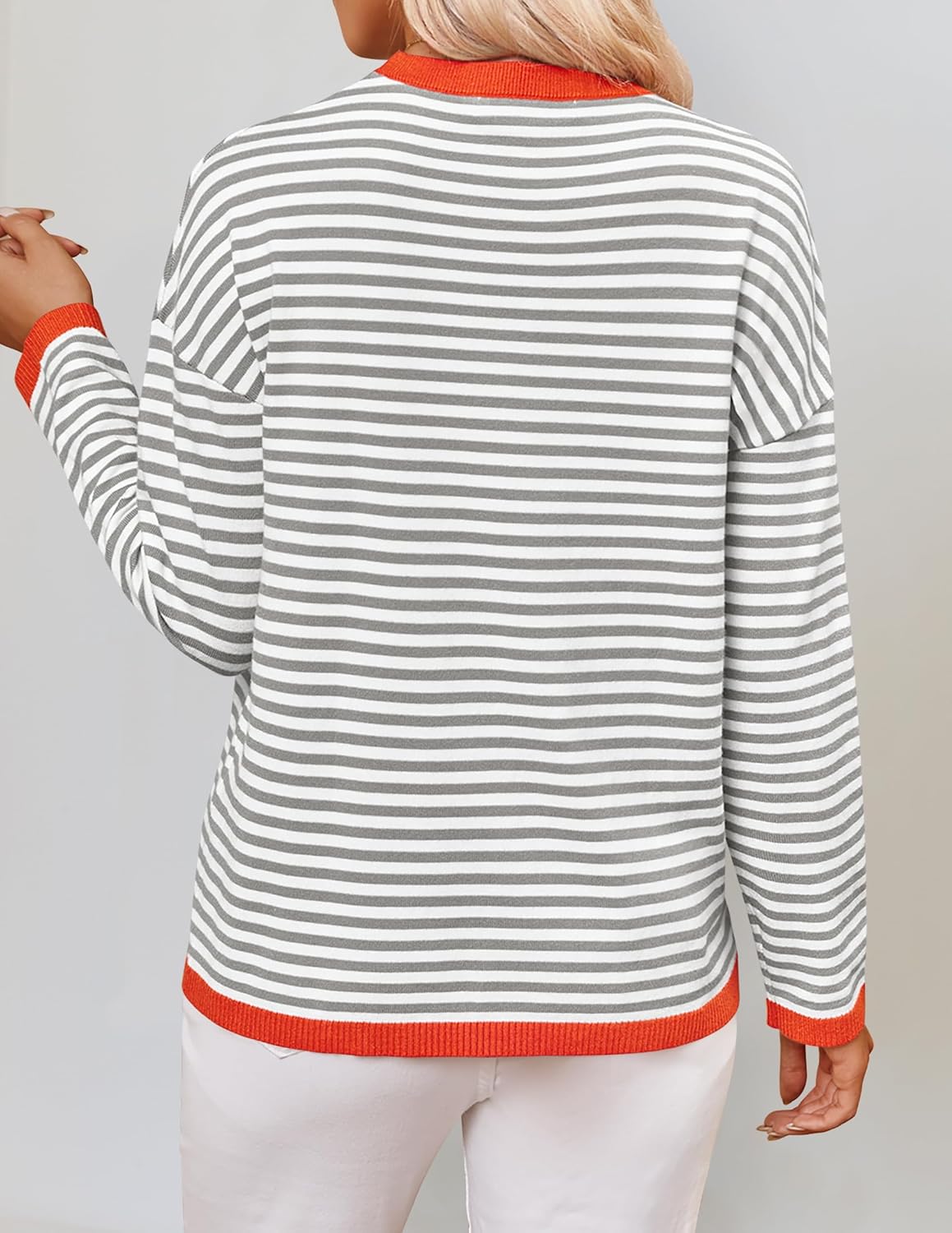 ZESICA Women's Fall Striped Sweaters Long Sleeve Crew Neck Shirts Color Block Lightweight Pullover Tops Grey Small - Image 5