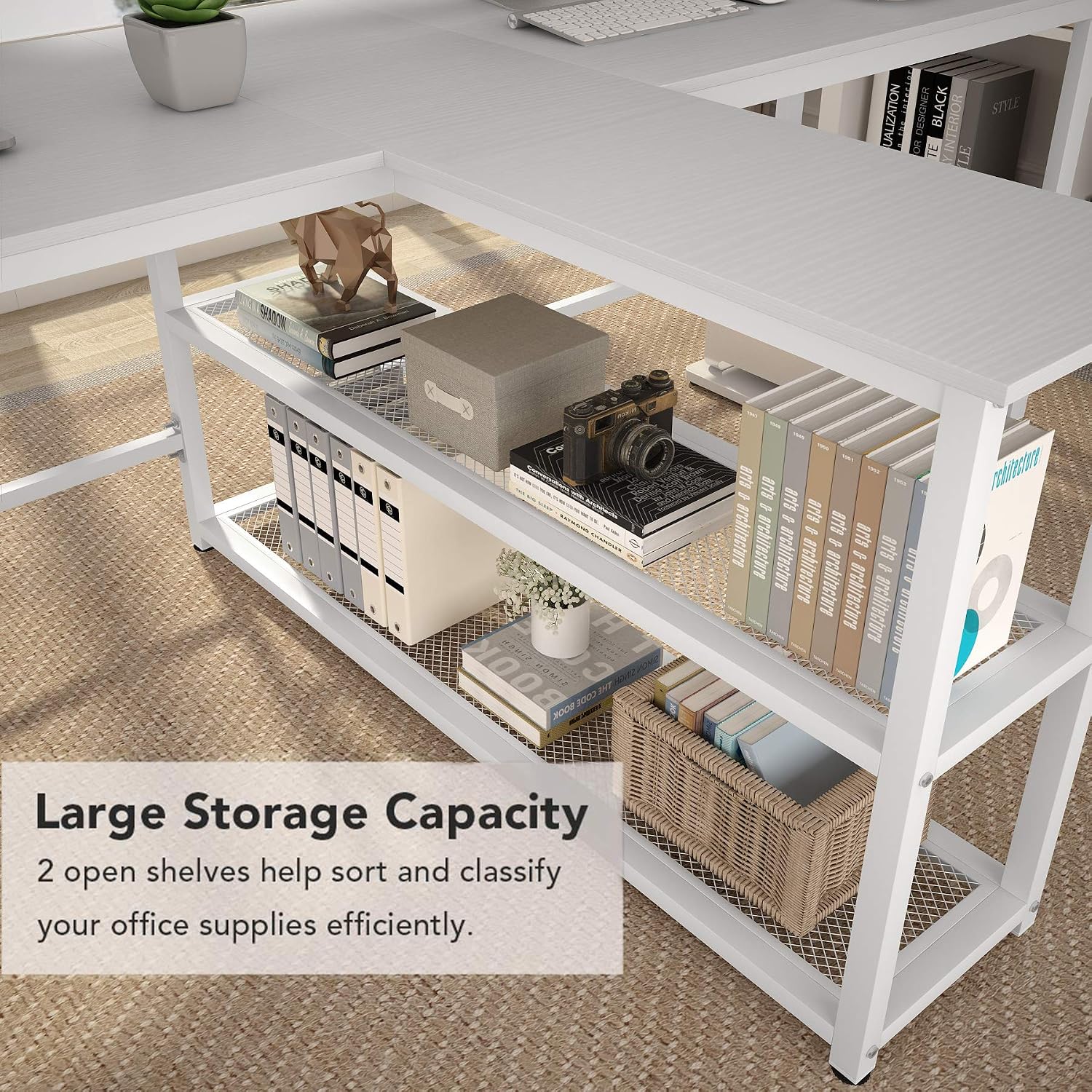Tribesigns 90.5 inch Computer Desk, Extra Long Two Person Desk with Storage Shelves, Double Workstation Office Desk Study Writing Desk for Home Office (White, 94.5x19.7 in)