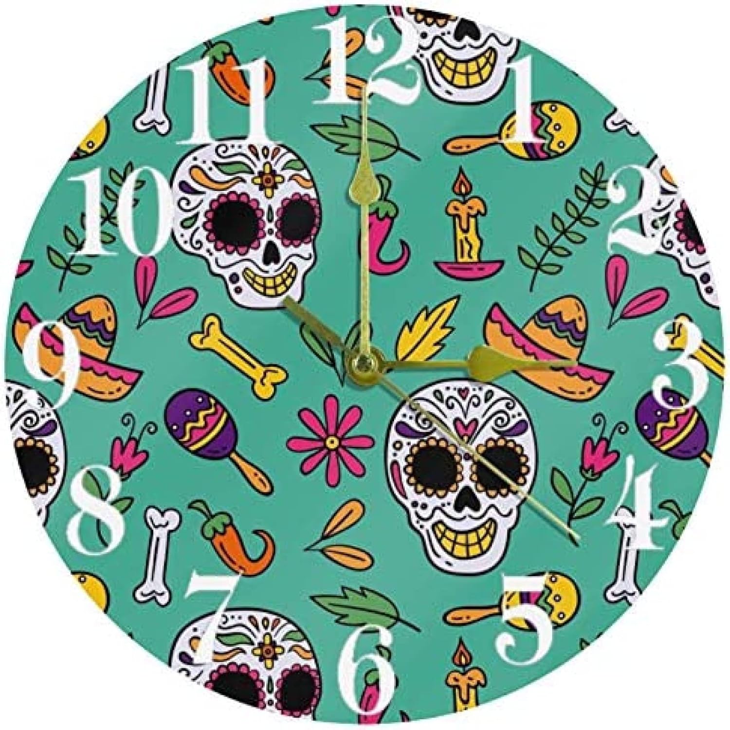 Amazon.co.jp 壁掛け時計ハッピースカルメキシコのエレメントグリーンウォールクロック、12インチサイレント非カチカチクォーツ