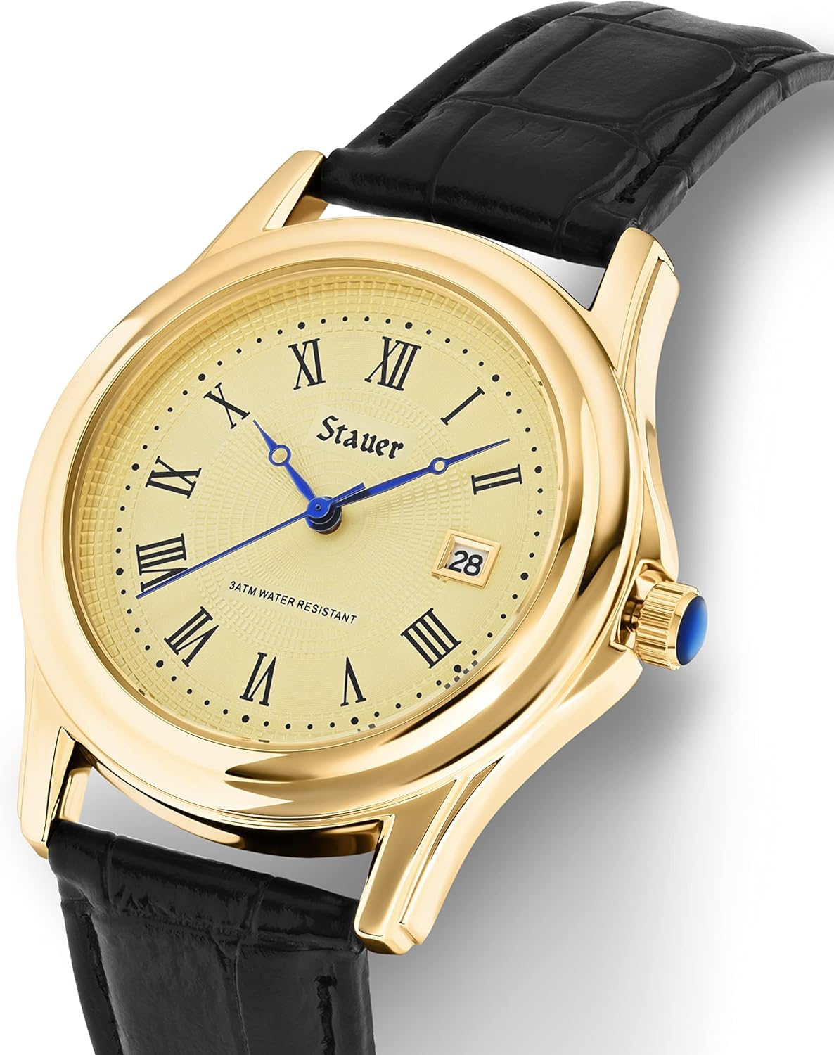 Stauer Metropolitan Watch for Men – Mens Watches w/Genuine Black Leather Band & Gold Finished Case – Water Resistant Watches – Stylish Gifts for Men