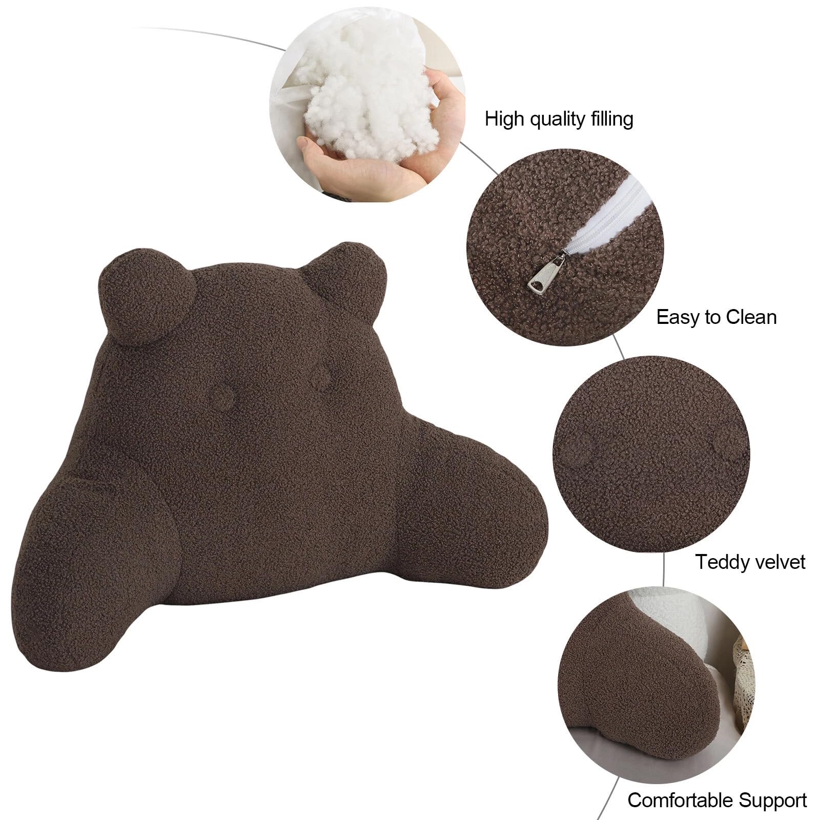 Large Reading Pillow with Arms - Velvet, Detachable Cover, Back & Lumbar Support for Bed, Sofa, Floor (30x18 Inches) (Brown)