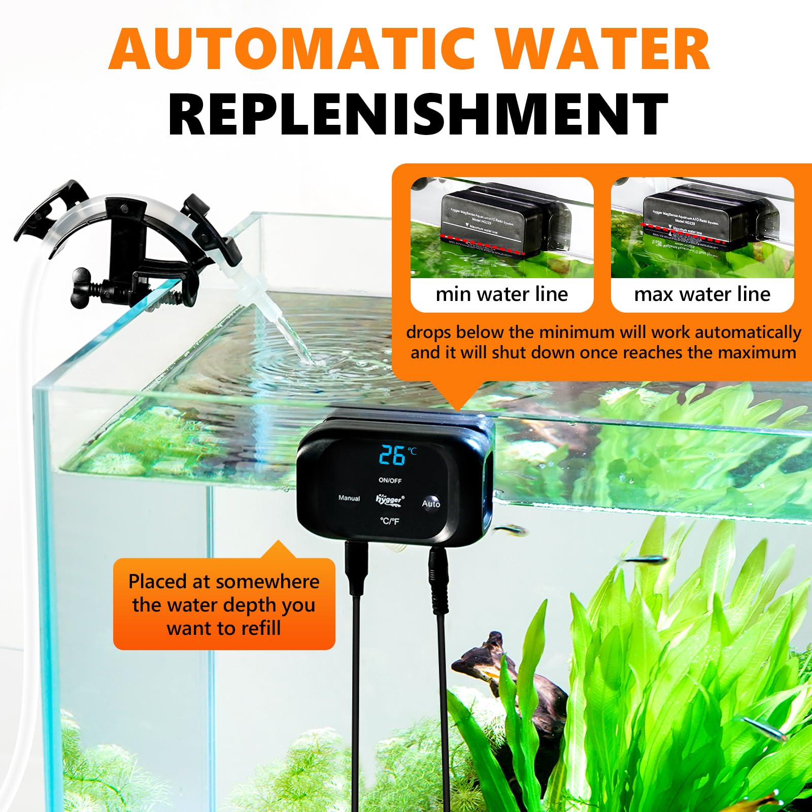Hygger Sistema ATO Automático para Acuario, Sistema de Reabastecimiento de Agua para Peceras con Sumergible Bomba, Kit Controlador Sistema de Recarga Automática de Nivel de Agua para Acuario - 4
