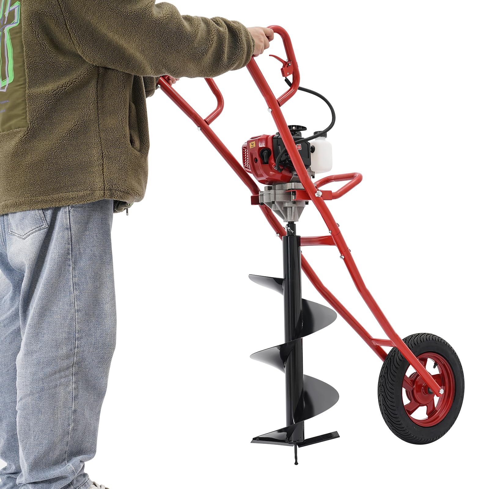 Taladro de columna de 2 tiempos de 52 CC, 1,46 kW, taladro de jardín con carro de mano, taladro de gasolina de dos tiempos, taladros de tierra, adecuado para trabajos de perforación en el jardín y