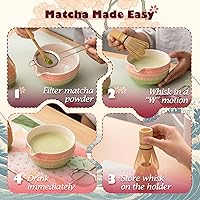 Vista 6 de Matcha Tea Set, 8 Pcs Japanese Matcha Kit with Cherry Blossom and Wave Design Ceramic Bowl, Bamboo Whisk, Whisk Holder, Scoop, Sifter, Brush, Matcha