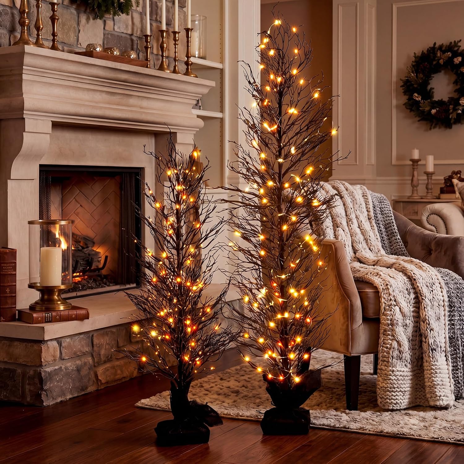 2 Pcs Halloween Black Twinkling Tree 3ft 5ft Artificial Tree with Warm White LED Fairy Lights Gothic Light up Fake Twig for Indoor and Outdoor Halloween Party Decoration