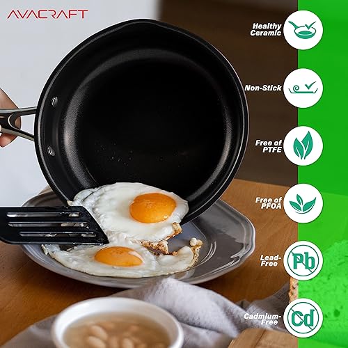 Vista 3 de AVACRAFT Sartén antiadherente de cerámica con tapa, sartén para huevos, sartén antiadherente de cerámica, 100% PFOA, sartén de cocción sin toxinas