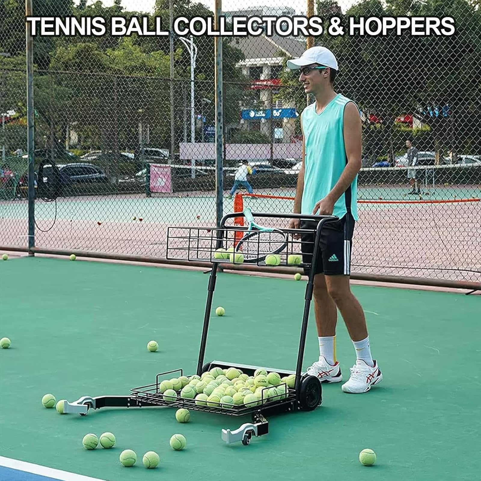 Carrello per raccogliere palline da tennis e tramogge, facile da collezionare, può contenere fino a 290 palline, con ruota girevole a 360° per una manutenzione efficiente del campo