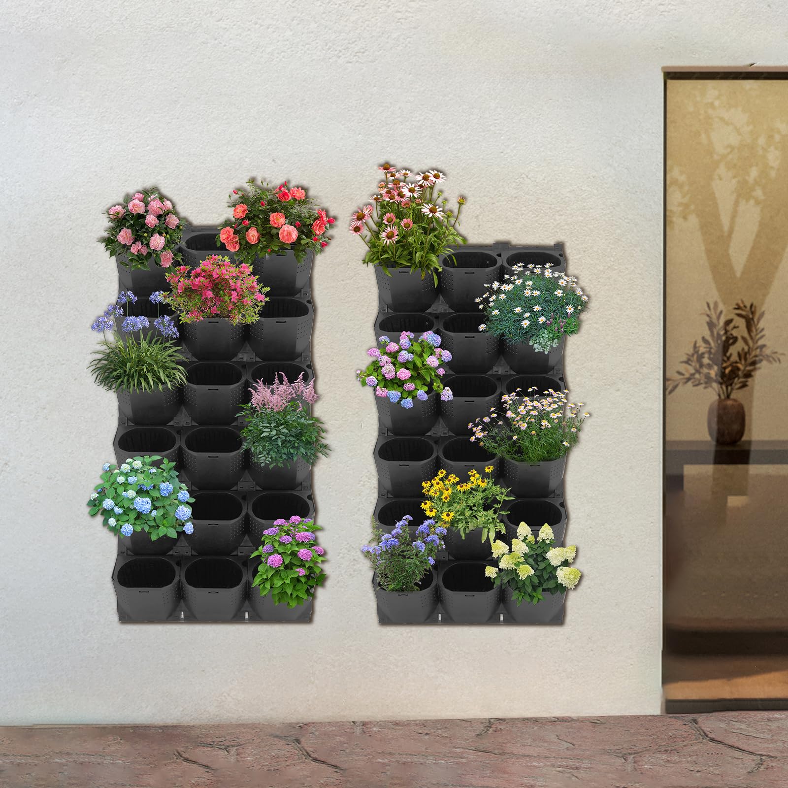 Pianta da parete, vaso da giardino verticale, modulo per piante da giardino, balcone, 36 vasi, 12 pezzi, 50 x 14,5 x 16,6 cm, per interni ed esterni, per fiori, verdure, erbe aromatiche (nero)
