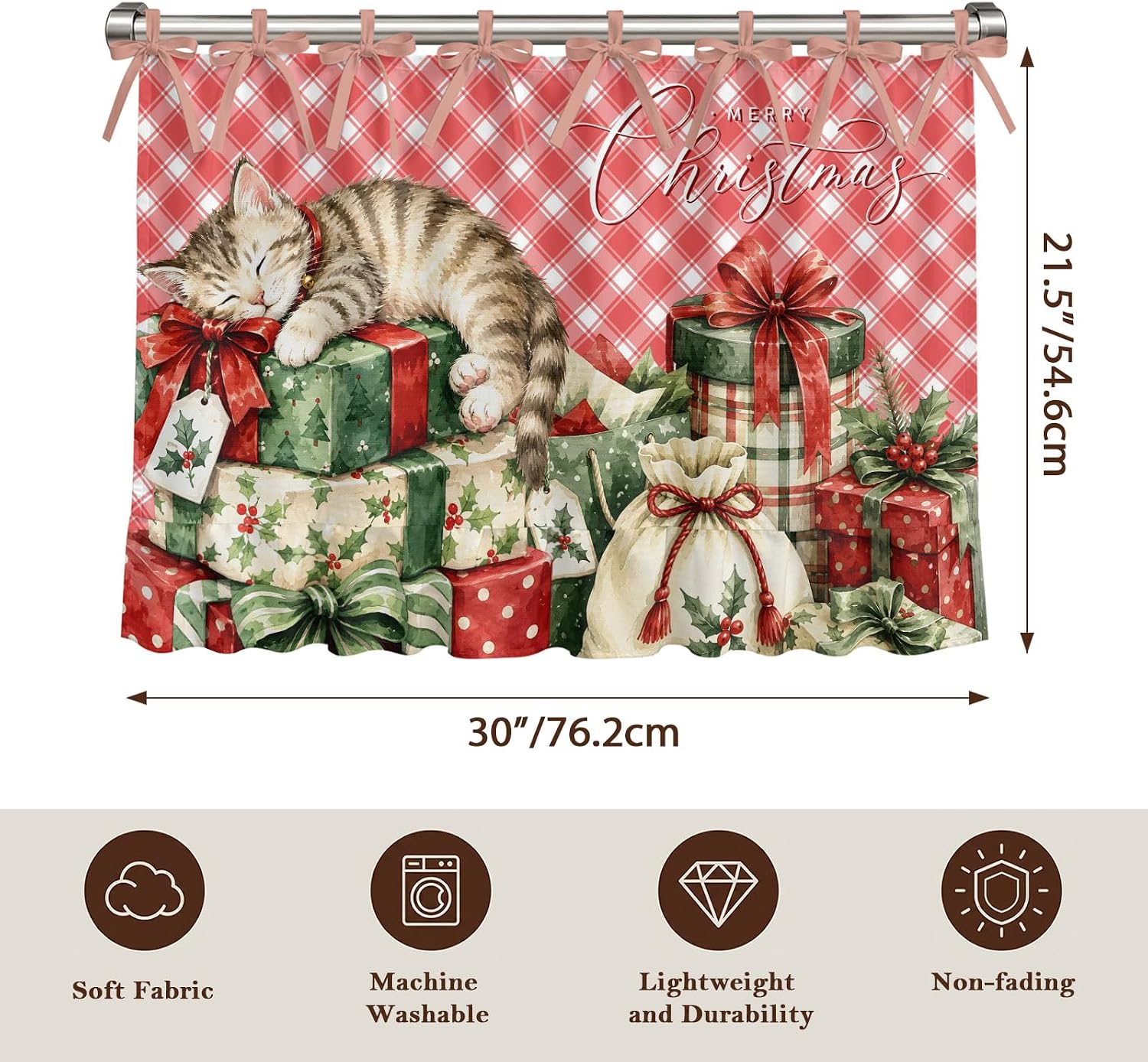 Merry Christmas Oven Curtain with Tie Top, Holiday Cat Wrapped Gifts Pink White Gingham Oven Skirt Curtains with Tie Top Cabinet Cover Curtain for Small Kitchen Apartment Decor 30 x 21.5 Inches image 4