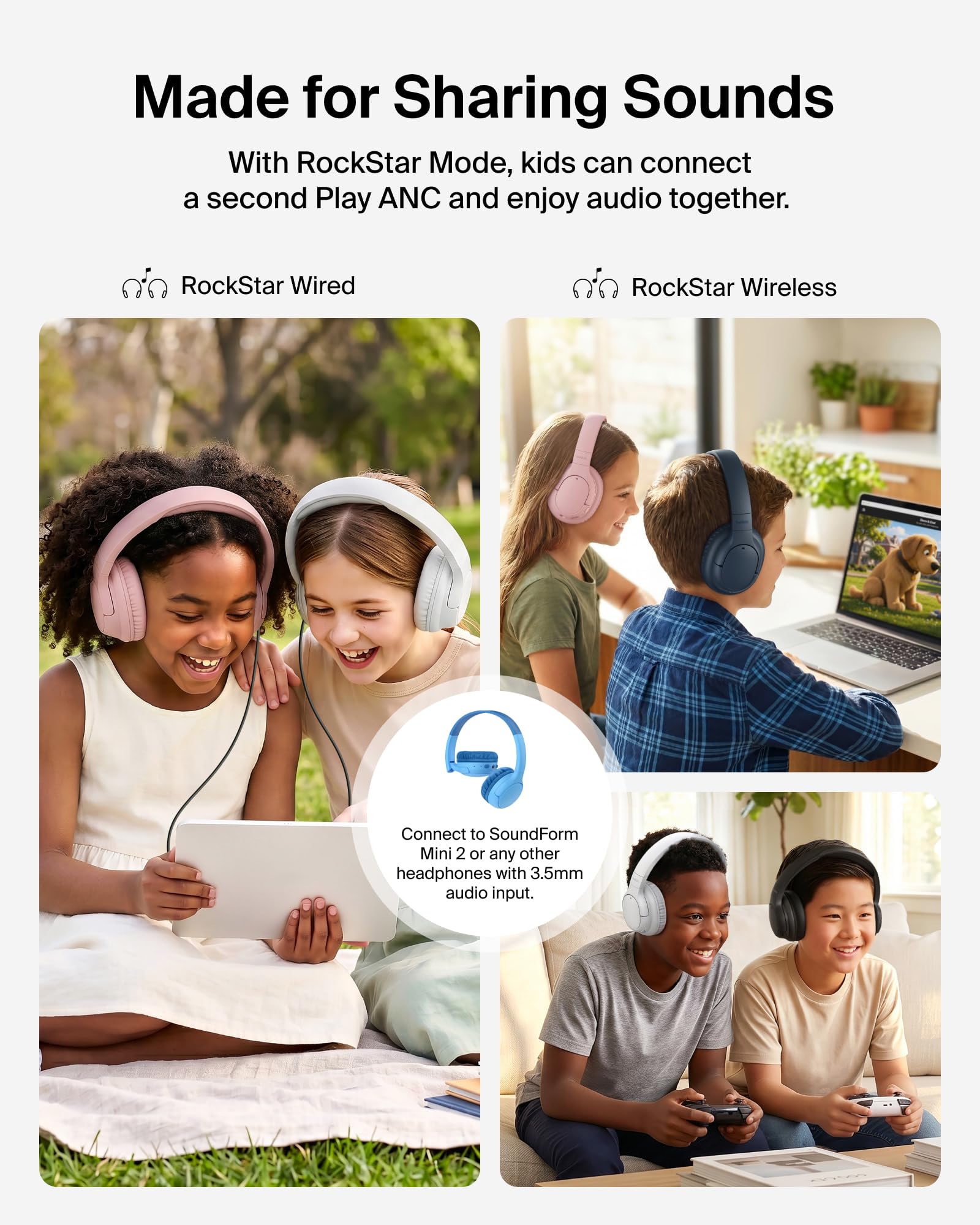 Belkin SoundForm Play ANC Casque pliable pour enfants, volume sûr 80 dB