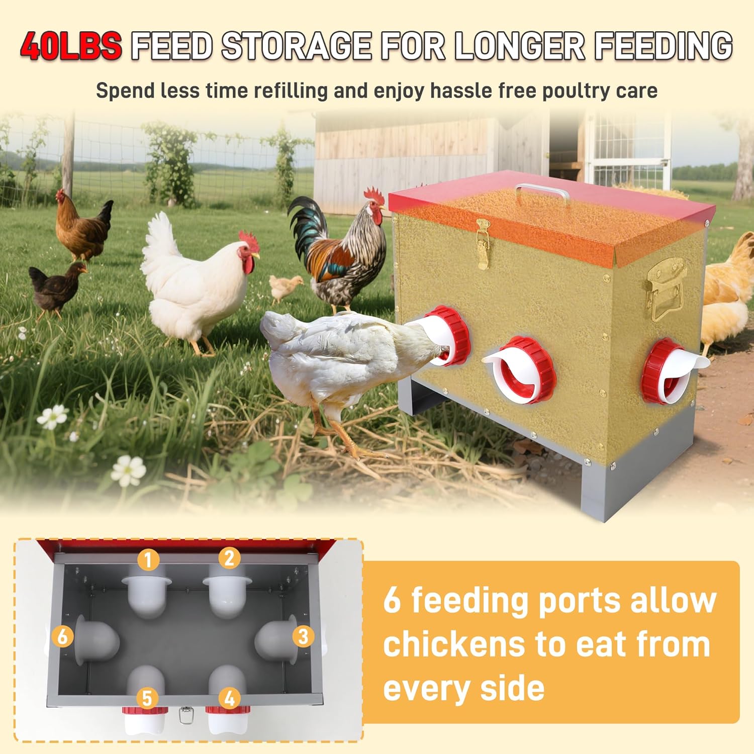 Automatic Chicken Feeder-40LB Metal Poultry Feeder No Waste with 6 Feeding Ports, Rat Proof Auto Chicken Feeders with Rust-Resistant Steel Frame, Locking Lid & Handle for Duck Geese Outdoor Use