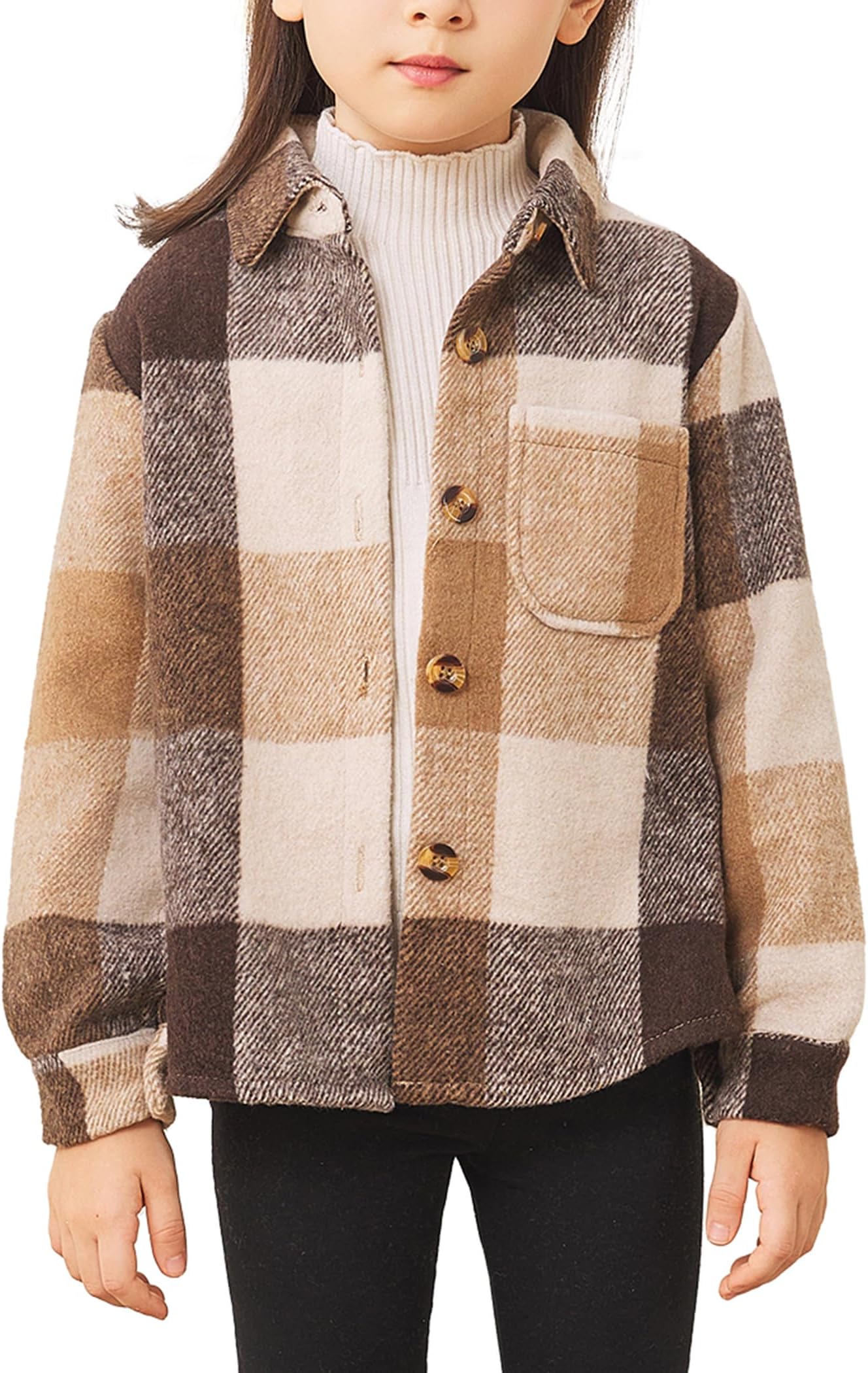 Girls Flannel Shirts Fall Jacket Cute Button Down Plaid Shirt Long Sleeve Fleece Shacket with Pocket 4-12 Years