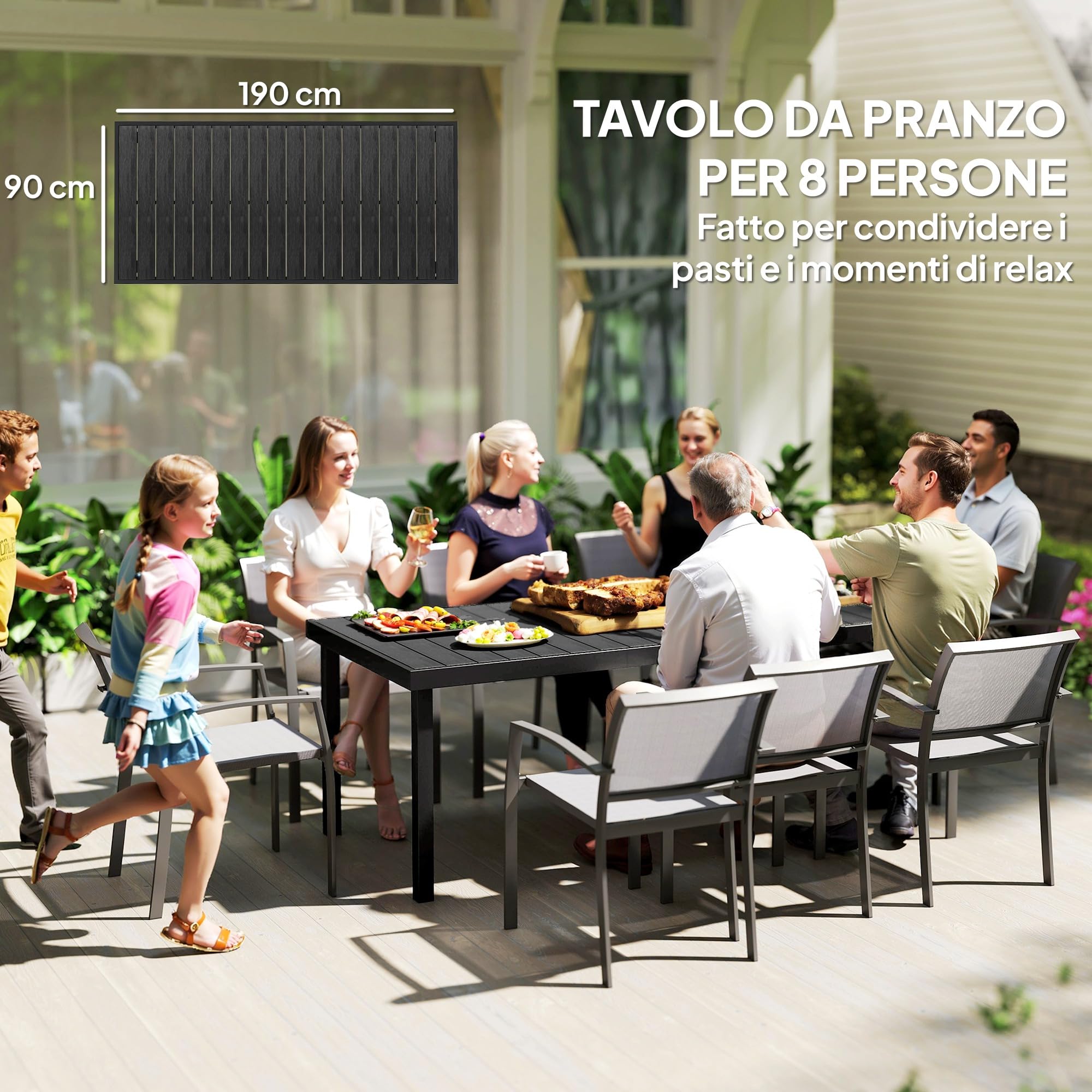 Outsunny Tavolo da Giardino con Piano Effetto Legno 190x90 cm per 8 Persone, Tavola da Pranzo da Esterno Rettangolare in Alluminio e Plastica, Per Patio, Terrazzo, Balcone, Nero