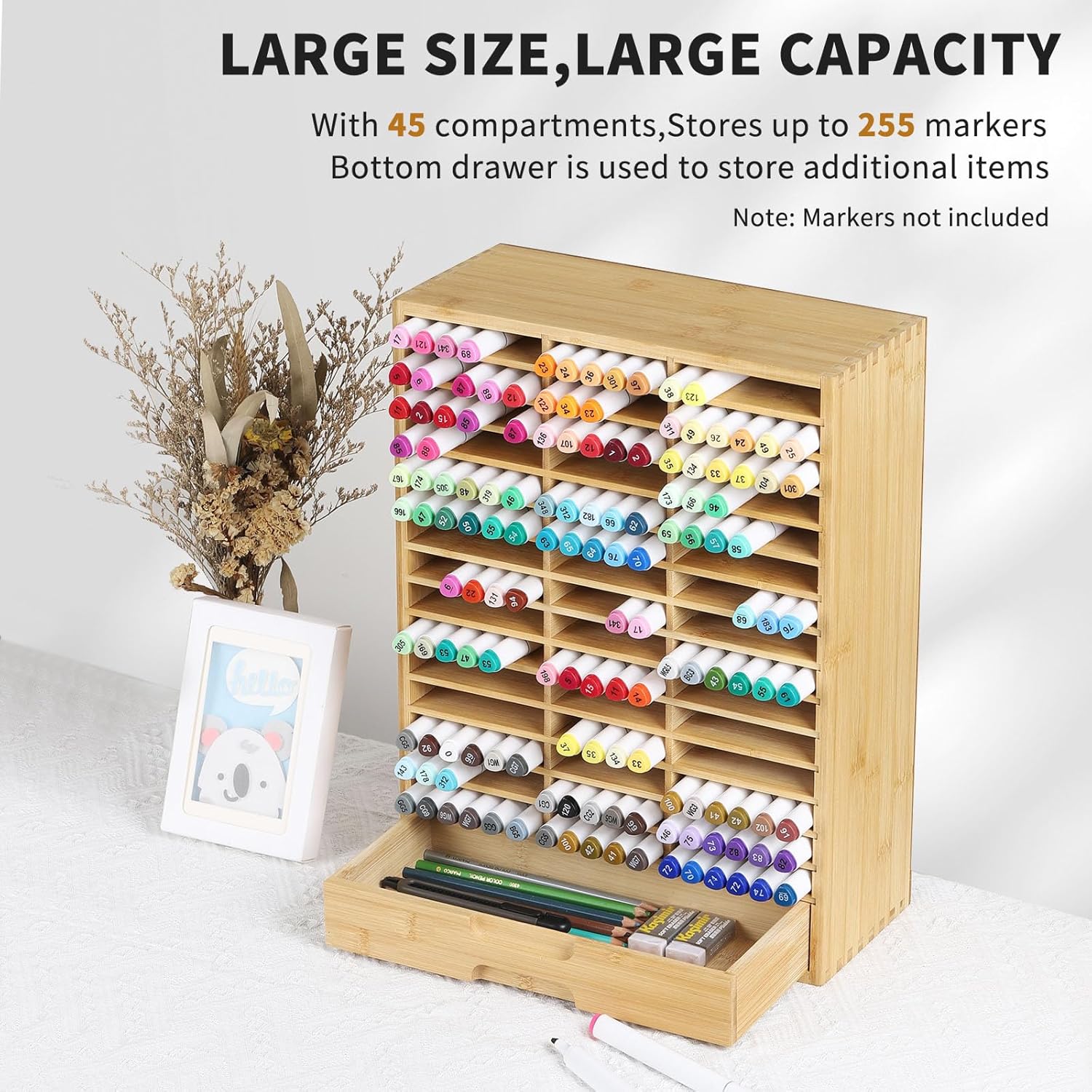 AUTOARK Bamboo Marker Organizer for 225 Markers,Desktop Storage Hold with drawers,Art Markers Pens Pencils Art Brushes Stationary Organizer Marker Pen Holder,AHK-063