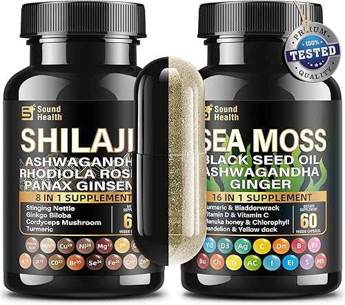 SoundHealth Wild Organic Irish Sea Moss and Shilajit - 8000 mg de musgo marino, 10000 mg de shilajit, Ashwagandha 2000 mg, ginseng, vitamina C,