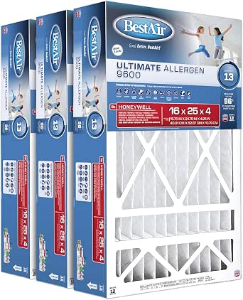 BestAir HW1625-13R AC Furnace Air Filter, 16 x 25 x 4, MERV 13, Pack of 3