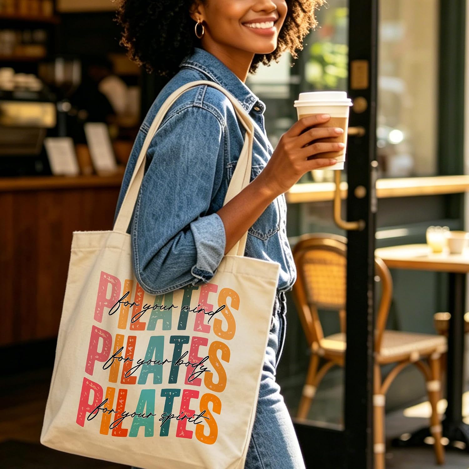 Pilates Canvas Tote Bag for Women Shopping Work Travel with Inner Pocket