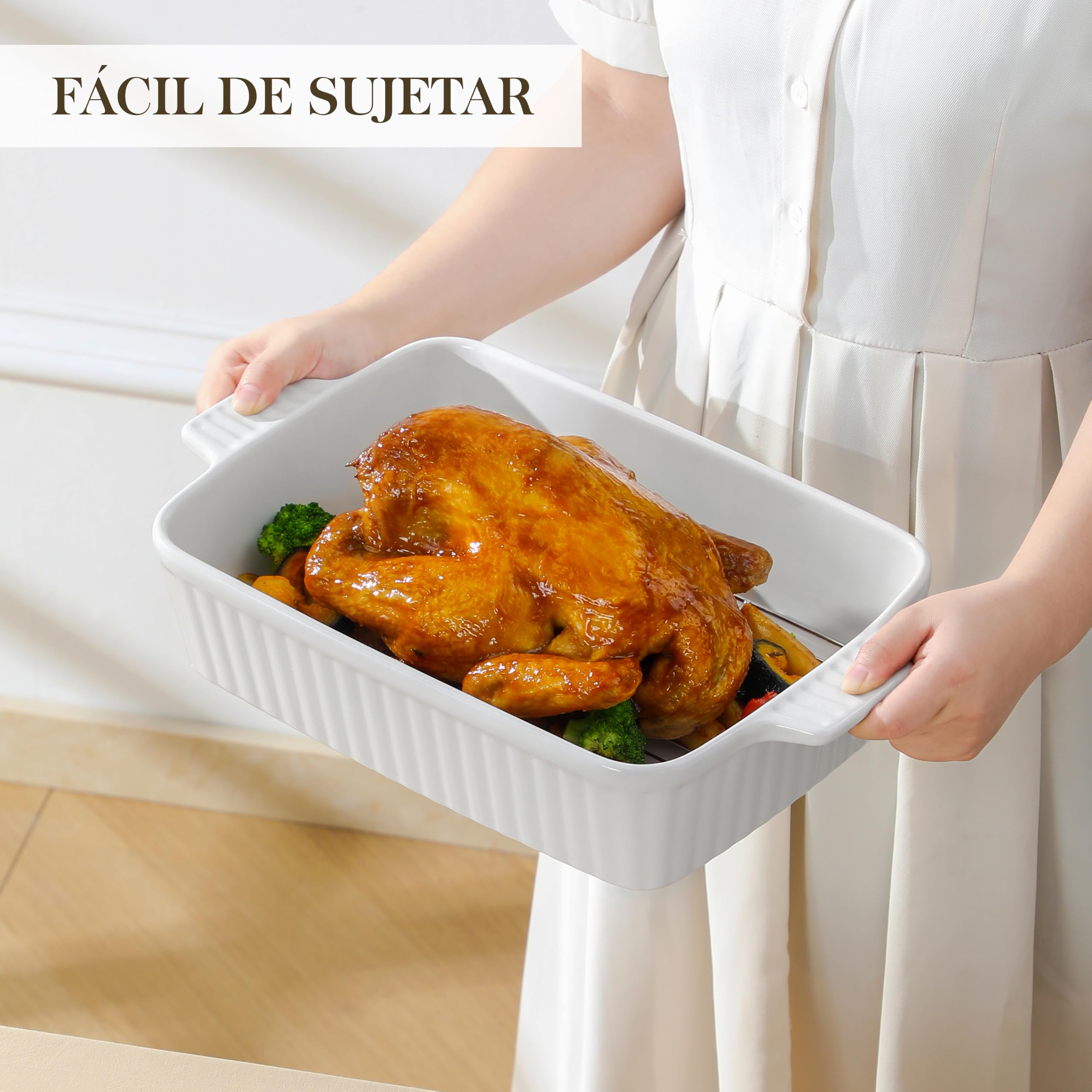 MALACASA Serie BAKE, Fuente Rectangular de Porcelana para Horno de 4200 ml con Rejilla, Fuente Grande para Horno con Asas para Gratinados y Guisos, Apta para Lavavajillas, Color Blanco