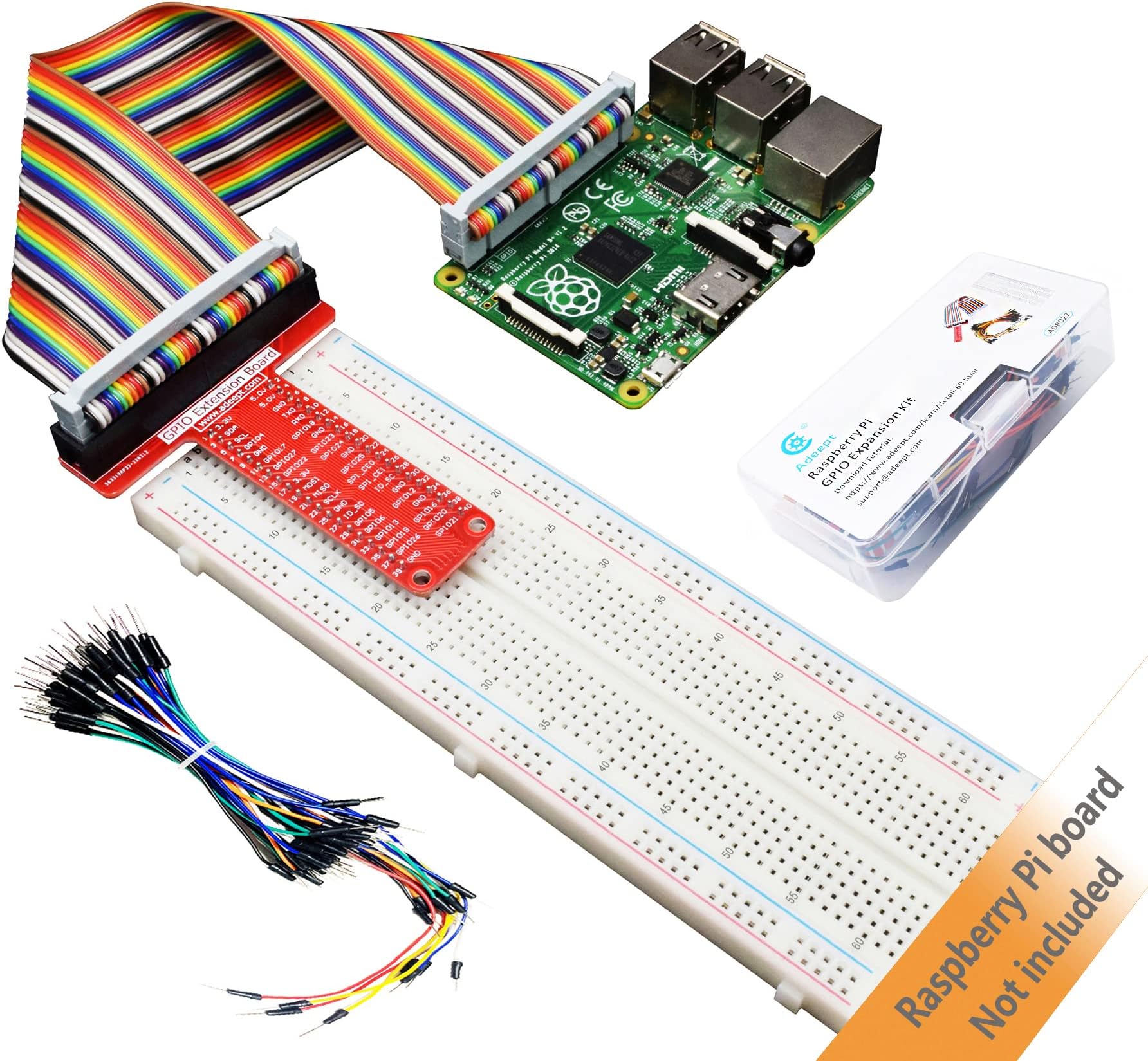 Raspberry Pi GPIO Expansion Board +830 Points Solderless Breadboard +65pcs Jumper Cables +40pin Rainbow Ribbon Cable