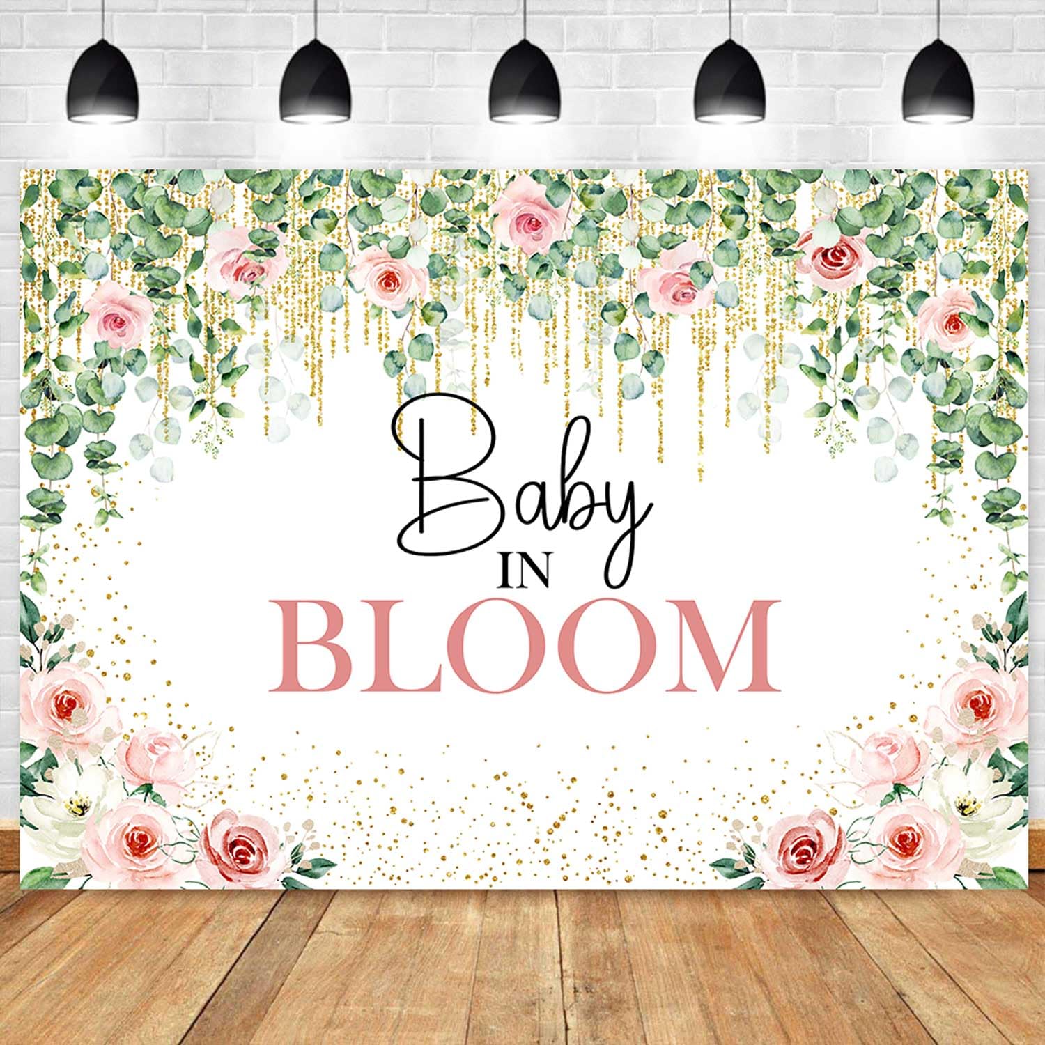 Sensfun Baby in Bloom Backdrop Green Leaves Pink Flowers Baby Shower Party Decorations Girls Greenery Floral Baby in Bloom Banner Gold Glitter Dots