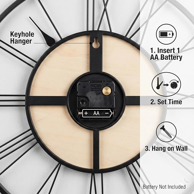 Reloj de pared de 24 pulgadas con diseño farmhouse, madera y metal, movimiento silencioso miniatura 6