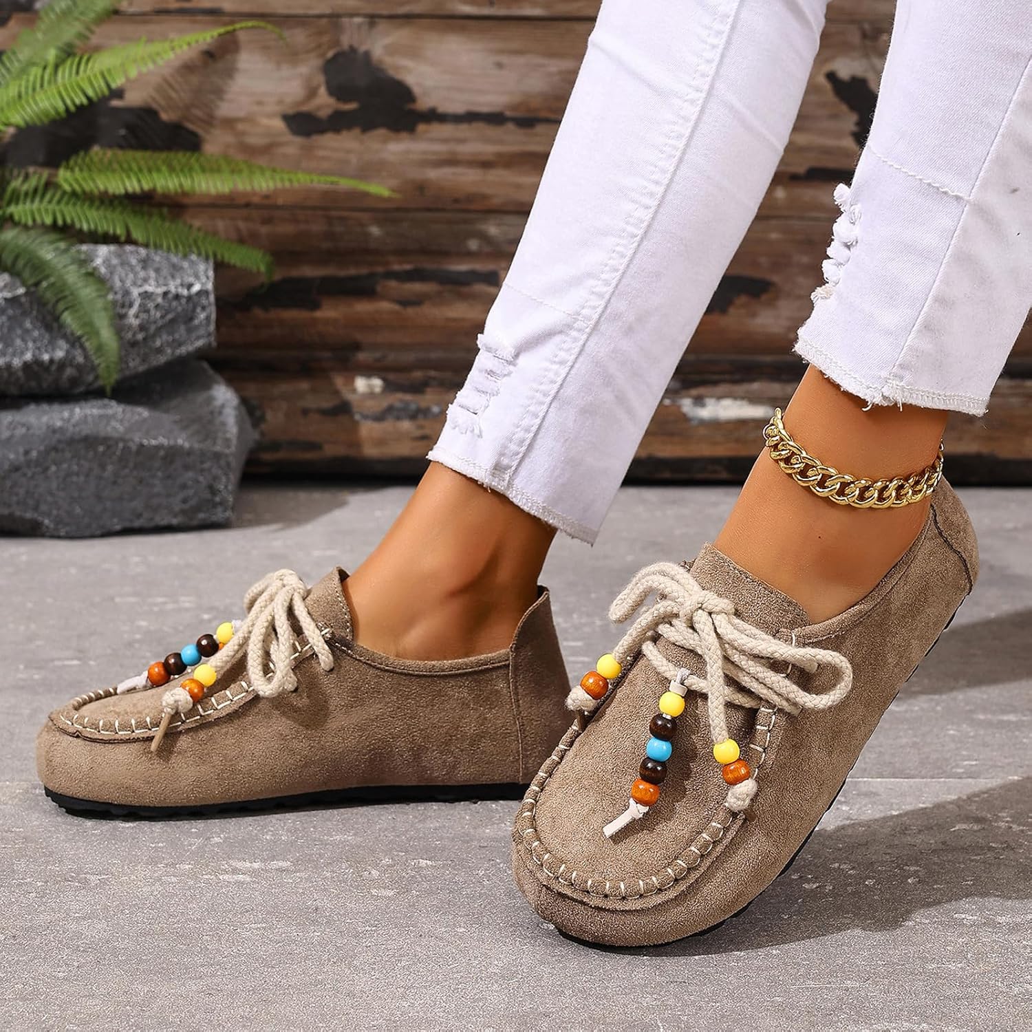 Suede Moccasins Loafers for Women with Beaded Fashion Comfortable Round Toe Slip On Flats Daily Work Walking Shoes - Image 3