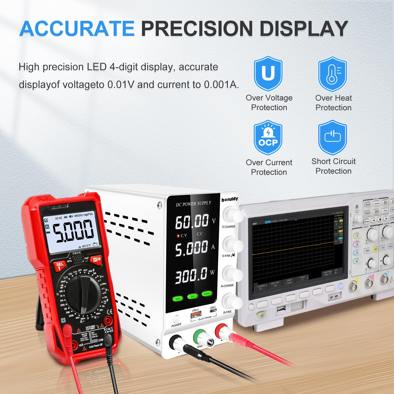 Alimentatore da Labotorio Alimentatore Stabilizzato Banco 60V 5A, Alimentatore DC Regolabile da Display LED a 4 Cifre, con Porta di Ricarica 18W USB, Pulsante OUTPUT, Manopola Encoder