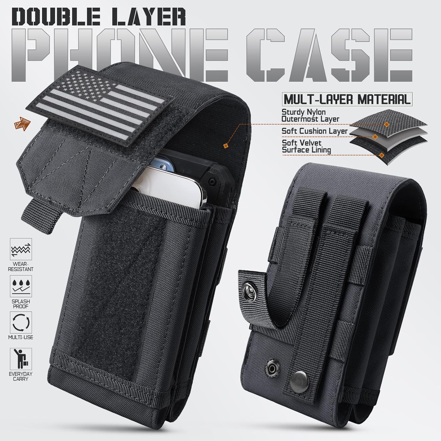 Molle Phone Pouch Tactical Phone Holster Universal Dual Cell Phone Holder Utility EDC Pouch with US Flag Patch - Image 4