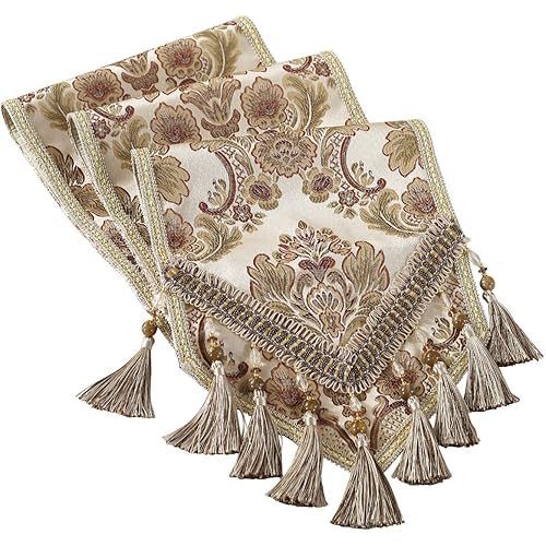 kilofly Elegant Floral Brocade Jacquard Table Runner Tassels (60 x 12 inches)